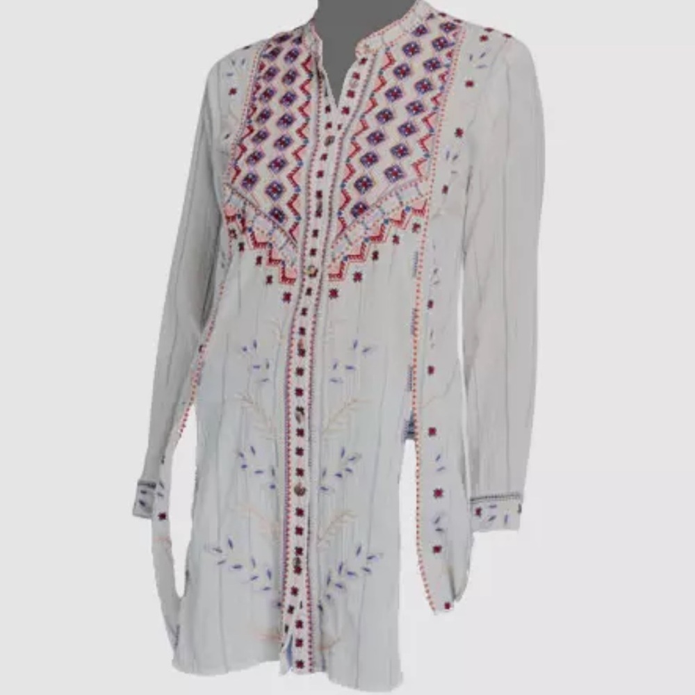 Johnny Was Women's White Side Slits Embroidered Button Up Tunic Top Size XS